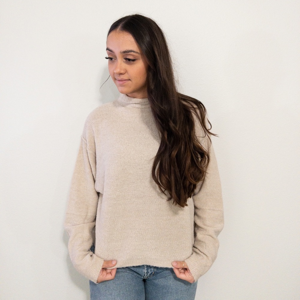 Cotton Candy LA Mock Neck Ribbed Trim Dropped Shoulders Sweater in Oatmeal